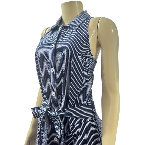 Anthropologie Maeve Size 10 Jumpsuit Wide Leg Blue Collared Striped Modern Chic - Picture 5 of 15